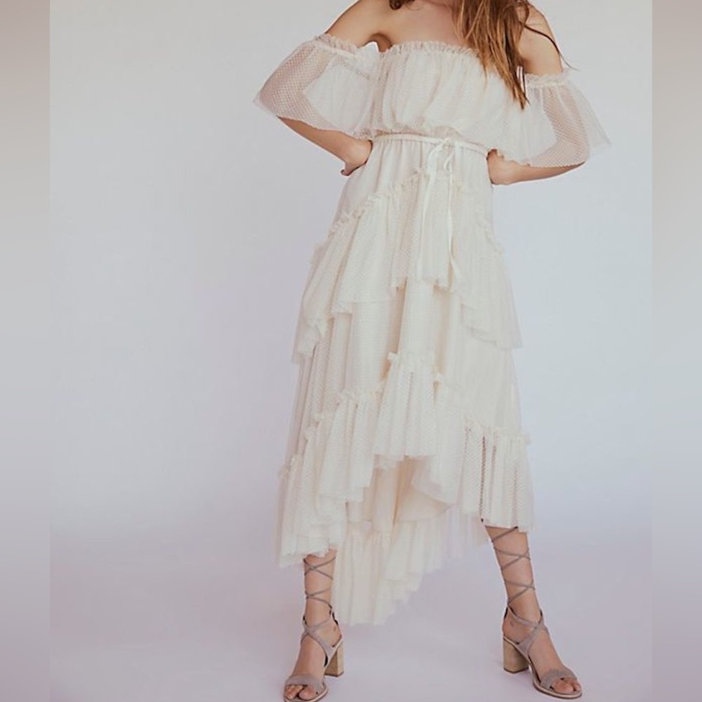 Ronny Kobo Mandy Dress x Free People Ivory Tiered Ruffle Midi Dress - Picture 3 of 4